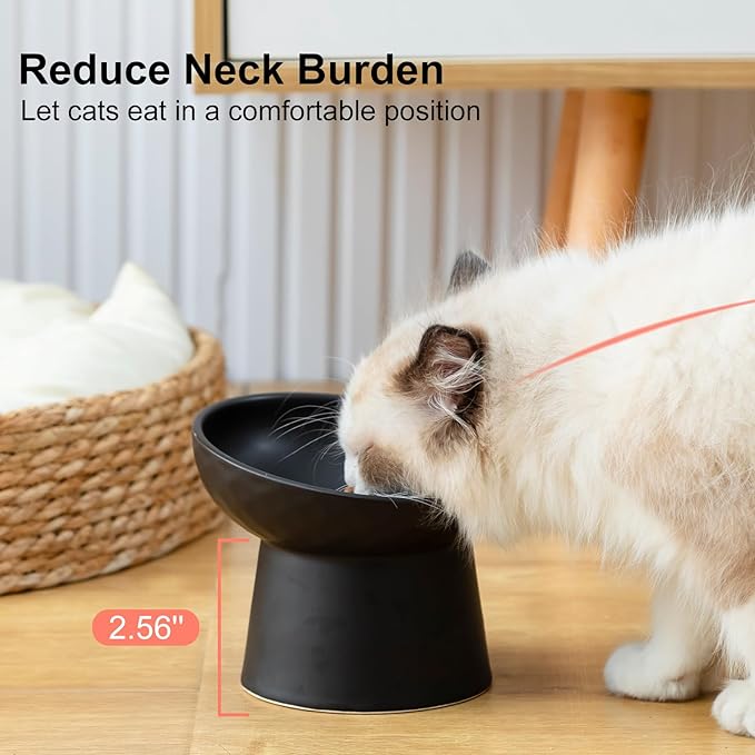 YauYik Ceramic Raised Cat Bowls, Elevated Tilted Cat Food and Water Bowls Set, Stress Free Pet Feeding Dish for Indoor Cats and Small Dogs, Anti Vomiting, Black, 2 Pack