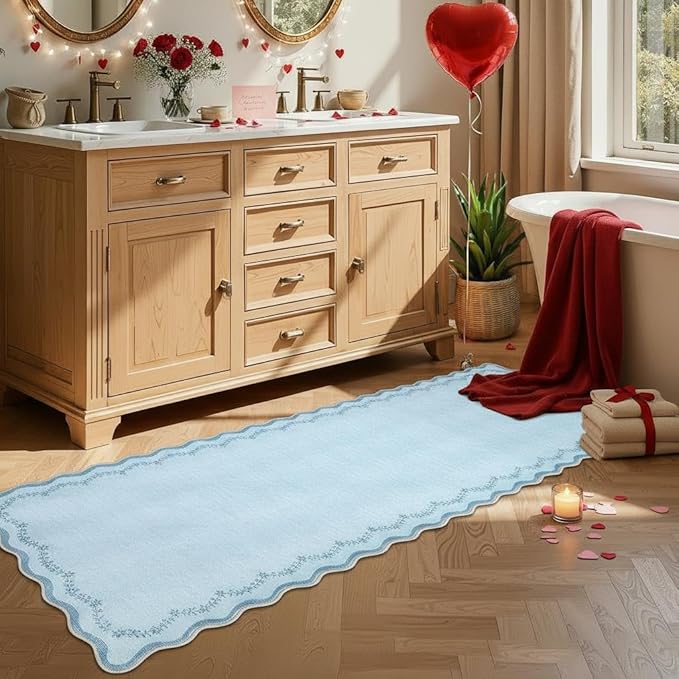 GarveeHome 2x6 Valentines Scalloped Washable Runner Rug for Kitchen, Soft Blue Hallway Runner Non Slip Entryway Rug Farmhouse Thin Laundry Mat Stain Resistant Carpet for Bedroom Bathroom Beside Rug