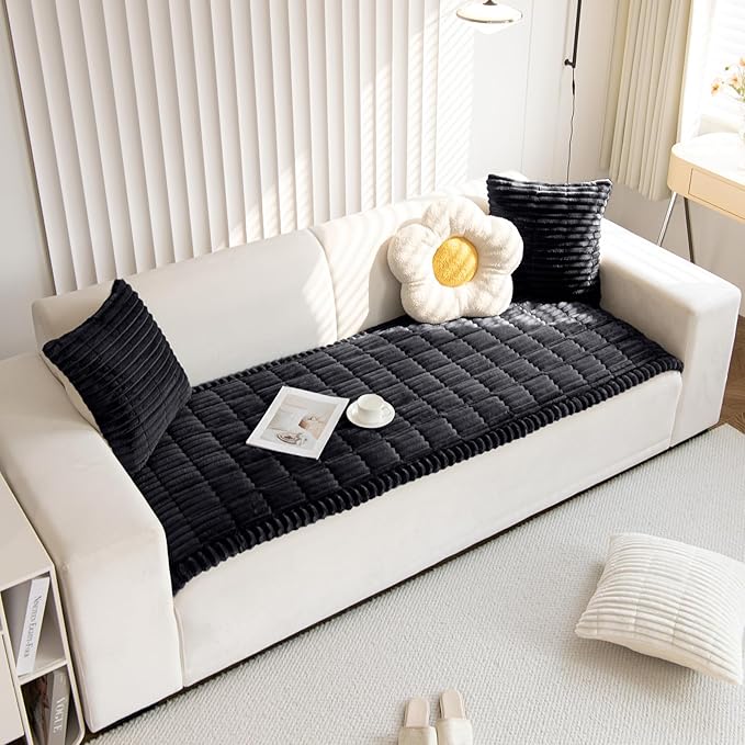 Faux Fur Plush Dog Couch Cover 3D Stripe Fuzzy Sofa Cover Non-Slip Fluffy Dog Bed Cover Pet Blanket Sofa Couch Furniture Protector for Puppy Large Dog Cat (Black,31"x82")