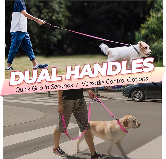 VIVAGLORY Twingrip Dog Leash, Double Handle Dog Leash for Training & Walking with Traffic Handle & 2 Loop, Traffic Control Reflective Heavy Duty for Puppy Pet, 4ft x 1/2in, Pink