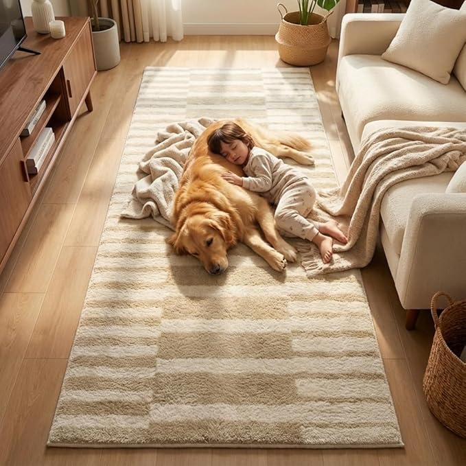 Muddy Mat짰 Creamline 3ft x 7ft Washable Area Rugs for Living Room, Bedroom & Dining Room ??Modern Soft Low Pile Non Slip Carpet ??Pet Friendly Waterproof Foldable Rugs for Home