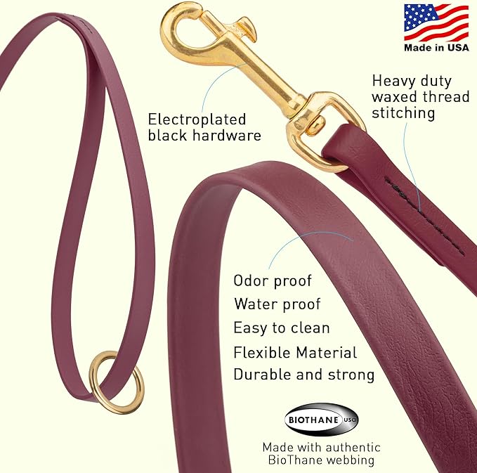 Viper Biothane K9 Working Dog Leash Waterproof Lead for Tracking Training Schutzhund Odor-Proof Long Line with Solid Brass Snap for Puppy Medium and Large Dogs 4ft, Merlot Burgundy