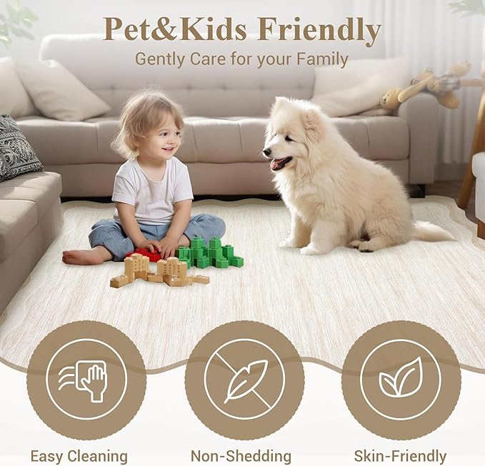 GarveeHome Modern Rug for Living Room 9x12 Large Scalloped Carpet, Non-Shedding Contemporary Easy Cleaning Mats, Solid Color Beige Indoor Rug for Office, Dining Room, Playroom, Bedroom