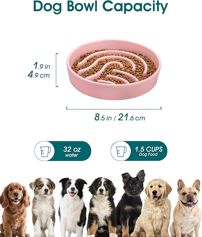 vancasso Slow Feeder Dog Bowl, 1.5 Cup Ceramic Slow Feeding Food Dish for Small and Medium Breed, Puzzle Dog Food Bowl for Fast Eater, Pink