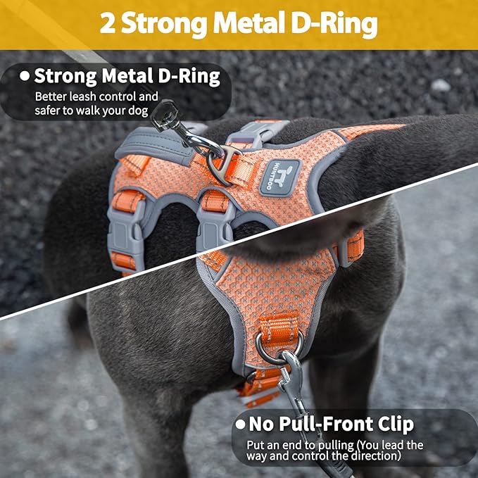 Huntboo Escape Proof Dog Harness, No Pull Reflective Harness with Lift Handle, Adjustable Pet Vest with Front and Back Leash Clips for Small Medium Large Dogs Walking Hiking Training (Orange,L)
