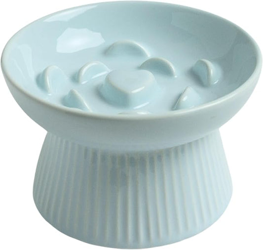 Ceramic Slow Feeder Cat Bowl, Raised Puzzle Feeder, Anti Vomiting Cat Slow Feeder, Elevated Food Bowl, Whisker Friendly Cat Bowl (Blue)