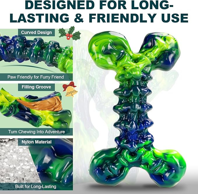 Indestructible Dog Chew Toys for Aggressive Chewers: 3-Pack Peanut Butter Flavored Tough Nylon Chew Bones for Medium Large Dogs 25–80 lbs, Long-Lasting St. Patrick's Day Dog Gift (Lucky Green)