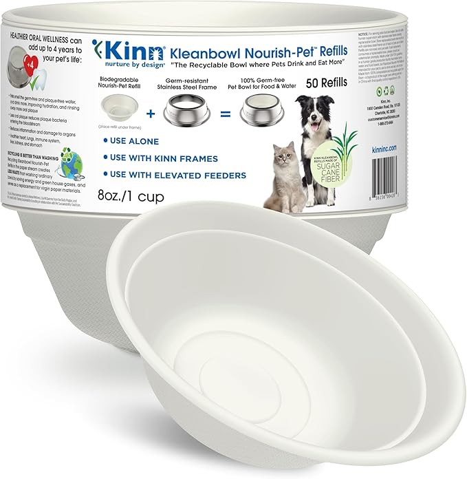Kinn Kleanbowl Disposable Dog Food Bowls, 8 oz (Pack of 50) - Frame System Refills, Use for Travel, Boarding, or Crate, Compostable Pet Travel Bowl, No Plastic, Leakproof, Portable Dog Dish