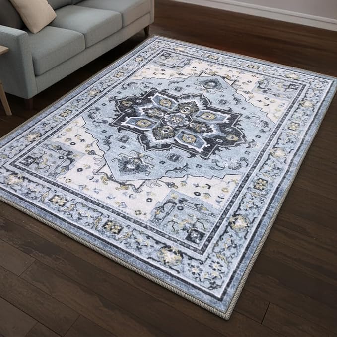 Muddy Mat짰 Azure 5ft x 7ft Washable Area Rugs for Living Room, Bedroom & Dining Room ??Modern Soft Low Pile Non Slip Carpet ??Pet Friendly Waterproof Foldable Rugs for Home