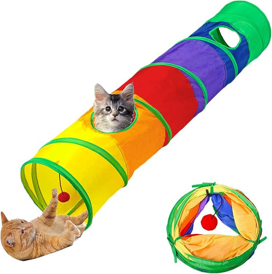 Cat Tunnel and Cube Pop Up Collapsible Kitten Indoor-Outdoor Toys - 3 Way or 1 Way Cat Tube for Cats, Kittens, Rabbits (Rainbow)