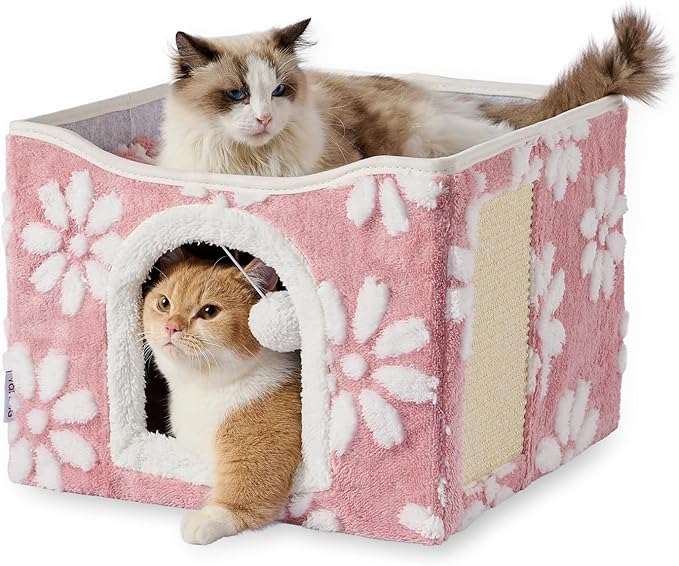 Cat Houses for Indoor Cats, Cute Cat Cave with Fluffy Ball Hanging and Scratch Pad, Foldable Kitten Condo Hideaway, 17x17x13 inches, Pink Flower