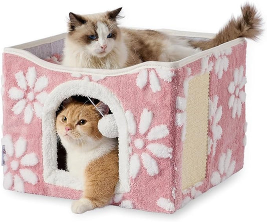 Cat Houses for Indoor Cats, Cute Cat Cave with Fluffy Ball Hanging and Scratch Pad, Foldable Kitten Condo Hideaway, 17x17x13 inches, Pink Flower