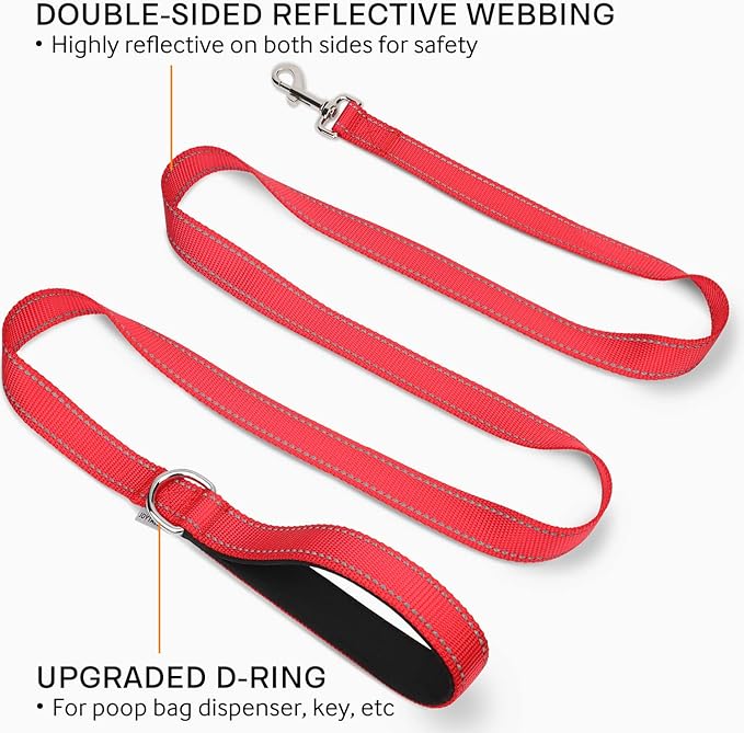 Joytale Dog Leash Heavy Duty for Large Medium Dogs, 6 FT Reflective Nylon Pet Walking Lead with Soft Padded Handle, Durable & Tangle Free for Training, Running & Safety Control, Red