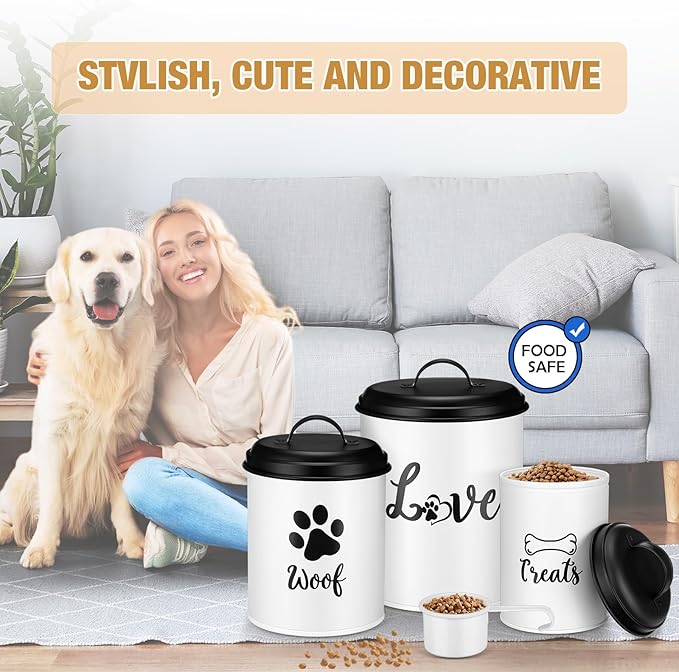 Dog Food Containers Set of 3 with Lids and Spoon Airtight Metal Dog Treat Snack Jars with DIY Labels Big Pet Cookie Storage Jar for Farmhouse Kitchen Counter(White)