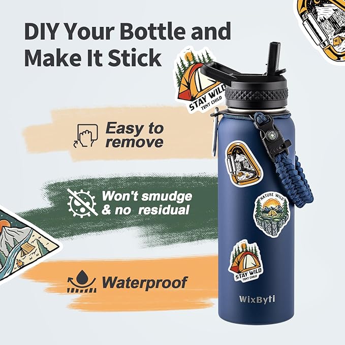 40 oz Insulated Water Bottle with Straw (Cold for 48 Hrs), Stainless Steel Triple Wall Vacuum Sports Water Jug, Leakproof Hydro Cup Flask with Paracord Handle & Straw Spout Lids & DIY Stickers