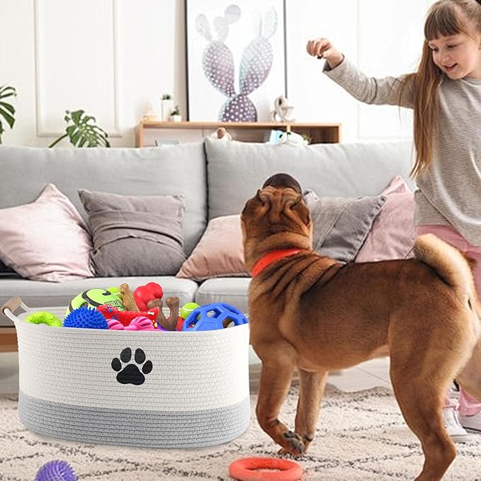 Geyecete Dog toy basket dog toy bin Woven Storage Baskets for Dog Cat Dog Toy Box Sturdy Reinforced Handles with Paw Print basket-Beige/Gray