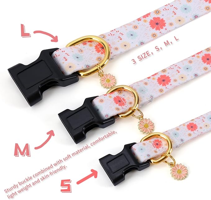 Cotton Handmade Dog Collar for Small Medium Large Dogs,Beige Daisy with Pendant Cute Dog Collars (Large)