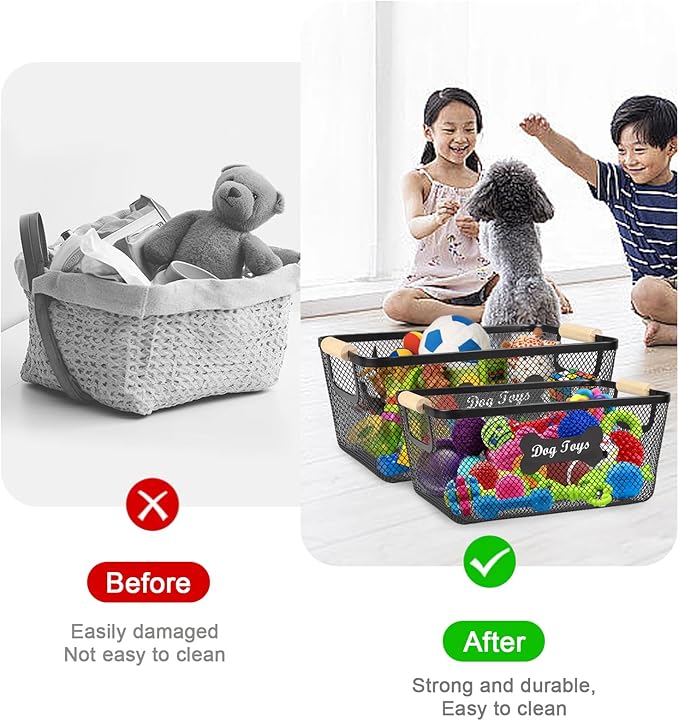 2 Pack Dog Toys Basket,Metal Basket with Wooden Handles for Dog Toys,Mesh Wire Dog Toy Bin Set,Dog Stuff Organization & Storage,Ideal for Dog Collar,Blanket,Toys,Ropes,Snacks-Black