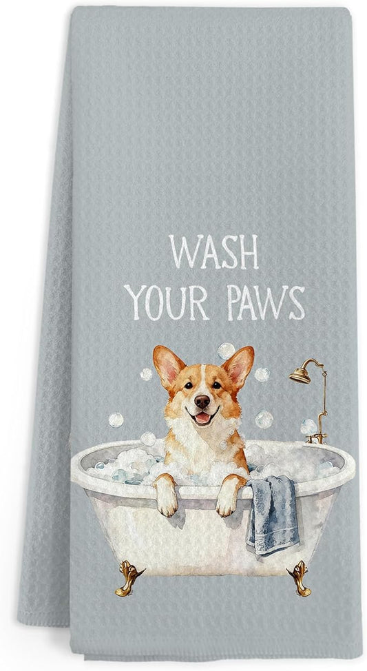 Funny Corgi Dog Hand Towels for Bathroom, Dogs Themed Decorative Hand Towels, Wash Your Paws Dish Tea Towel for Kitchen Bathroom Decor, Corgi Gifts for Dog Lovers Women Men, 16x24 Inch