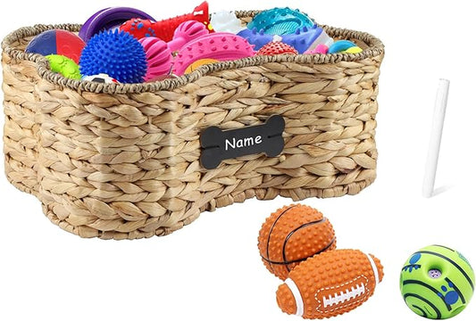 Pet Dog Toy Basket - Bone Shape Storage Bin, Personalized Organizer for Cat Toys, Wicker Holder Box for Living Room, Handmade Water Hyacinth