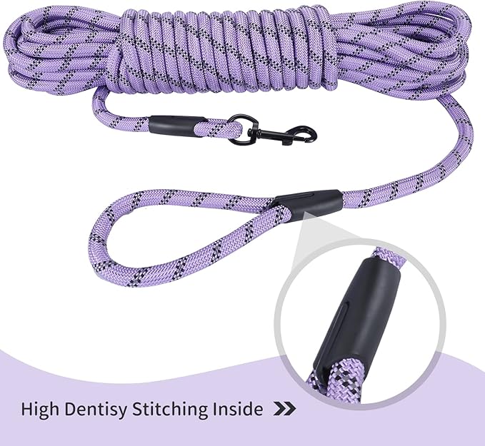 Long Dog Leash for Training 50Ft-Reflective Nylon Rope with Swivel Hook-Recall Agility Lead for Large Small Medium Dogs Outside Walking Hiking-Purple