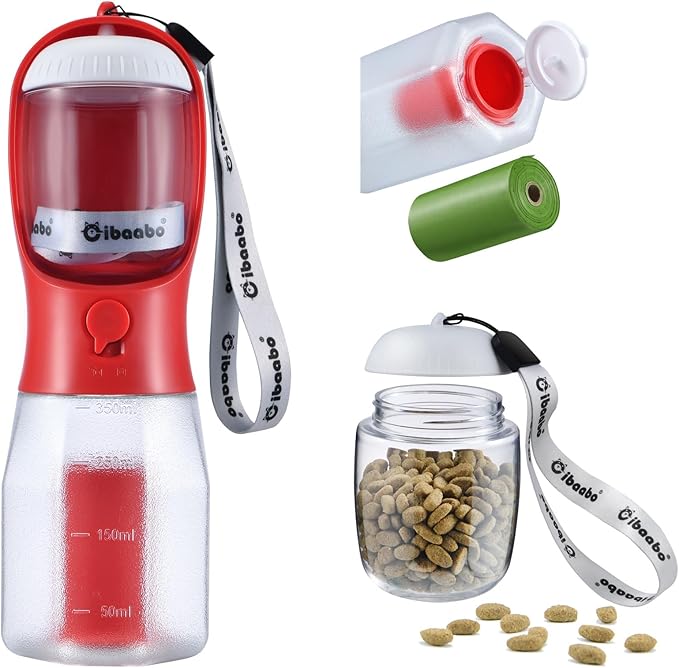 Dog Water Bottle with Food Container & Poop Bag Holder, Travel Water Bowl, Portable Pet Dispenser, Dog Gifts Stuff Accessories Items, Puppy Essentials for Yorkie Chihuahua Walking Hiking
