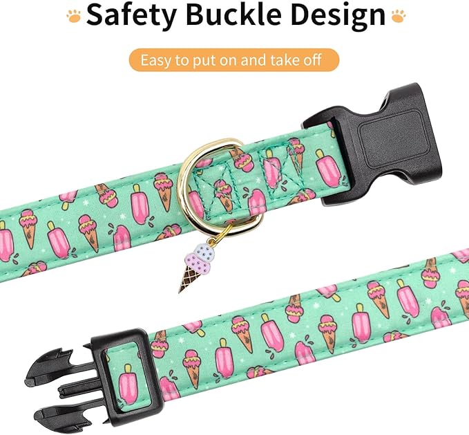 Cotton Dog Collar,Adjustable Cute Puppy Collar with Moon Patterned Design for Small Medium Large Dogs,Soft and Fancy Pet Collar with Safety Buckle for Girl Boy Dogs (Green Ice Cream, L)
