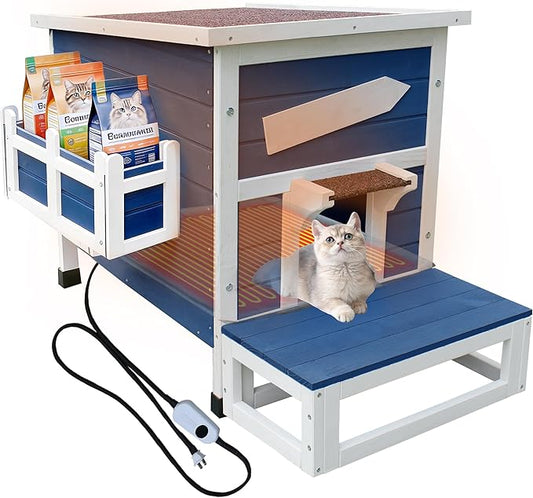 Rockever Heated Cat House for Outside Cats in Winter, Large Heated Cat Houses with Heating Pad, Wooden Outside Cat Shelter Weatherproof with Escape Door(Blue)