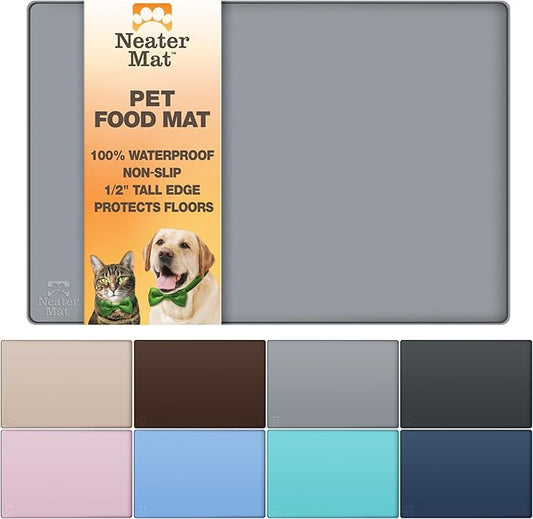 Neater Pet Brands Neater Mat Pet Mats for Food and Water, Cat & Dog Bowl Mat Waterproof Silicone, Feeding Tray, Dog Food Mats for Floors, Placemat w/Raised Edge for Under Bowls, 16” x 10”, Grey