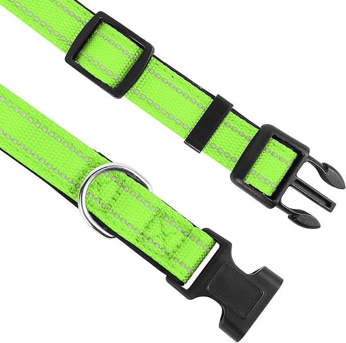 Reflective Dog Collar, Adjustable Soft Neoprene Padded Nylon Pet Collars with Buckle for Large Dogs, Green,L
