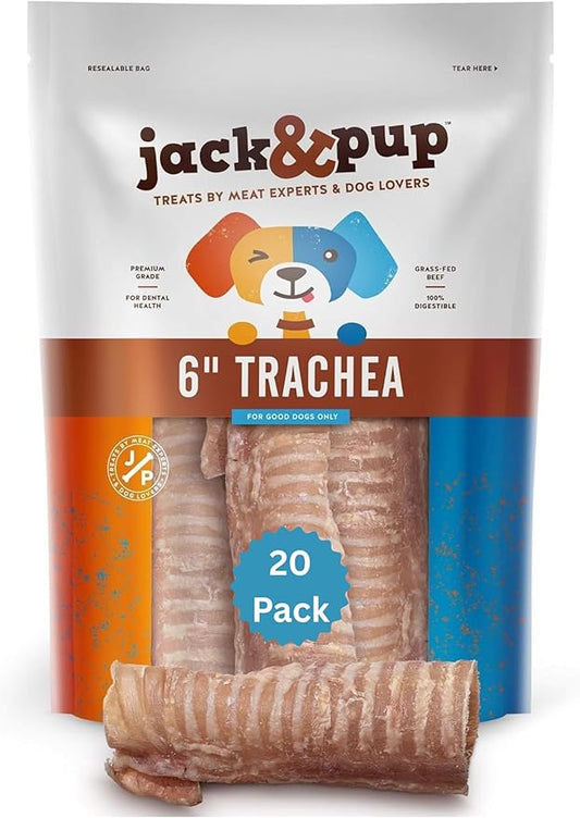 Jack&Pup 6" Beef Trachea for Dogs 20 Pack | All Natural Single Ingredient Dog Treat Dog Trachea Chews | Savory and Fun Treat for Dogs