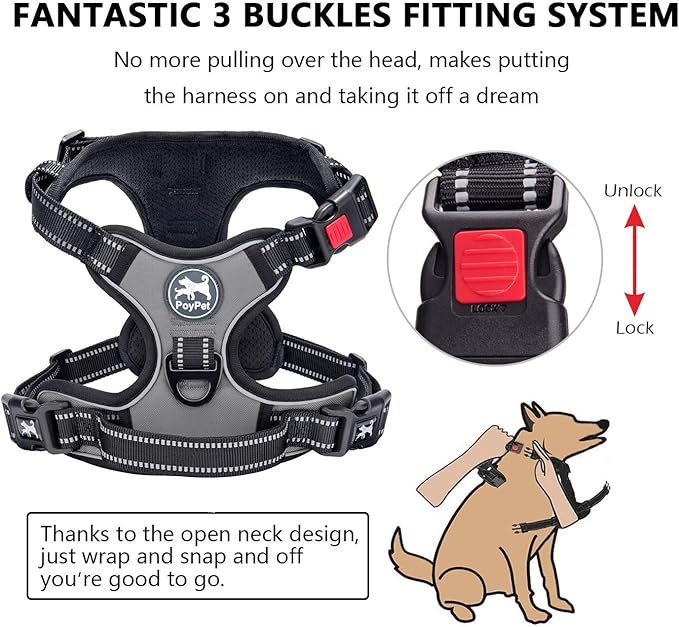 PoyPet Dog Harness No Pull, Reflective Adjustable No Choke Pet Vest with Front & Back Clips, Soft Padded and Control Training Handle for Large Dogs(Grey,XL)