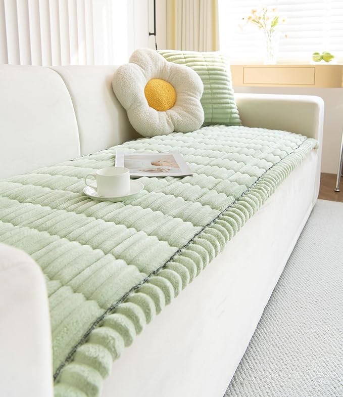Faux Fur Plush Dog Couch Cover 3D Stripe Fuzzy Sofa Cover Non-Slip Fluffy Dog Bed Cover Pet Blanket Sofa Couch Furniture Protector for Puppy Large Dog Cat (Green,35"x94")