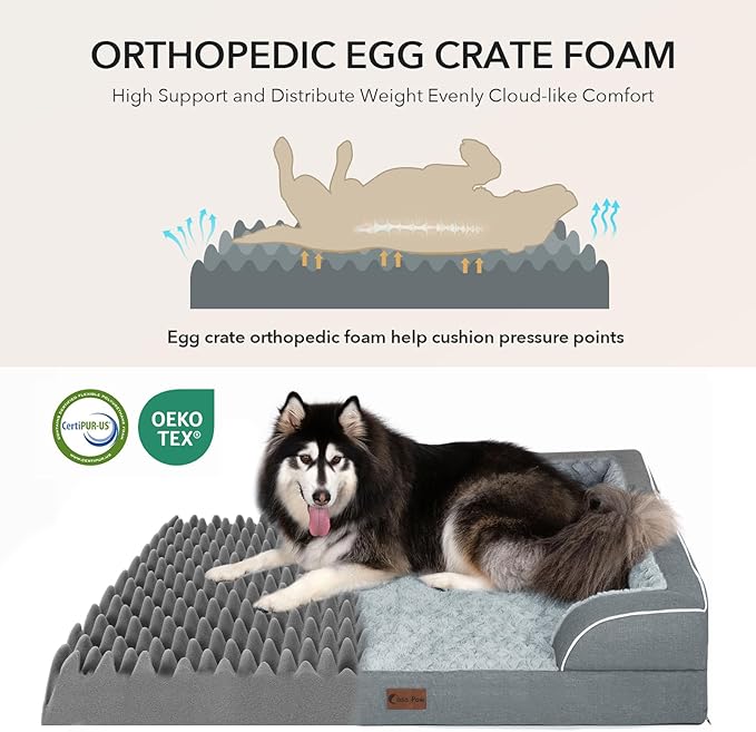 Orthopedic Dog Beds for Extra Large Sized Dogs, Waterproof Memory Foam XL Pet Bed with Sides 48x30Inch, Non-Slip and Egg-Crate Foam Big Dog Couch Bed with Removable Washable Cover, Grey