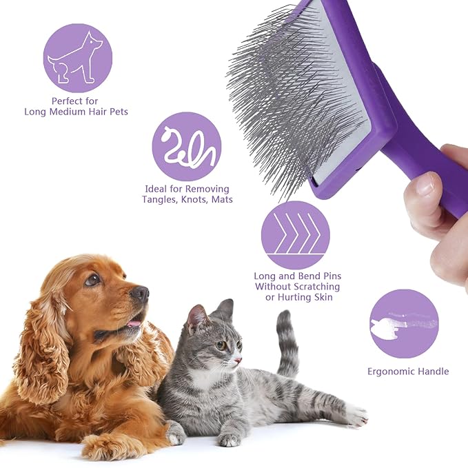Ergonomic Slicker Brush for Long-Haired Dogs, Wooden Handle Dog Brush,Goldendoodles, Labradoodles, Poodles Long Pins for Grooming Loose Hair，Effectively Removes Tangles, Knots and Loose Fur