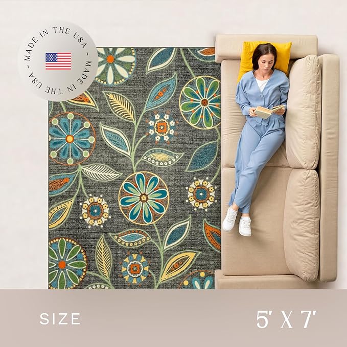 Maples Rugs Reggie Floral Area Rug - Made in USA - Low Pile, Non Slip, Pet-Friendly Mat for Living Room, Bedroom, and Office, 5' x 7', Dark Grey