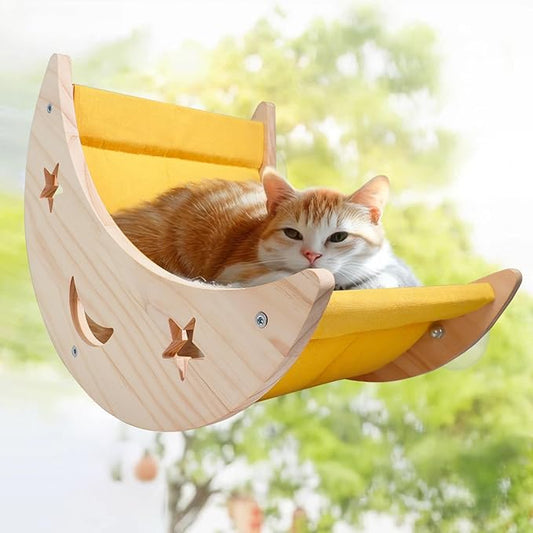 Cat Hammock Moon Bed Window Mounted Hammock Strong Suction Cup Shelves and Perches Solid Wood Furniture Platforms Beds Hanging for Cats and Kitty Easy Installation Single Moon