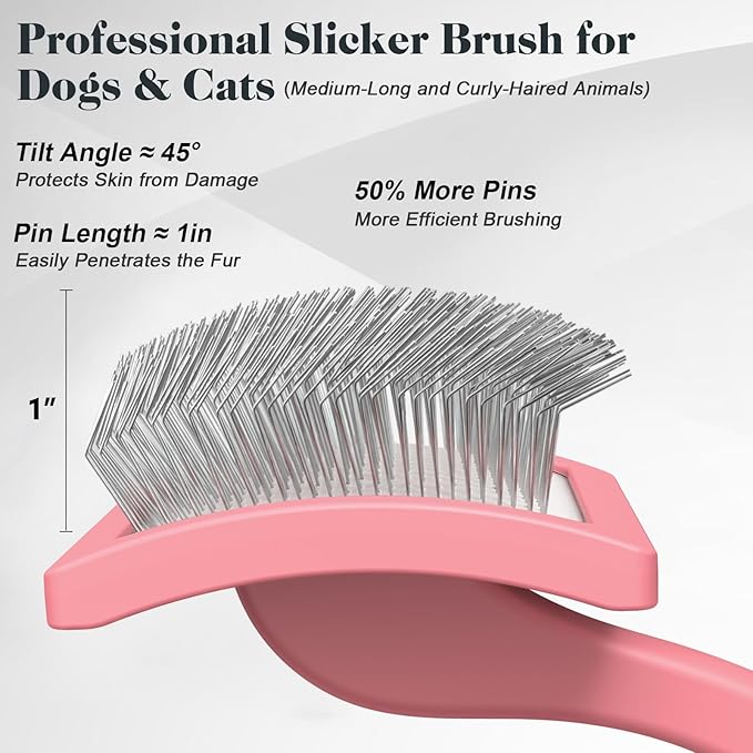 2PCS Slicker Brush for Dogs & Pet Comb,Professional Dog Grooming Brush (Goldendoodles,Poodles,Labradoodles) with Extra Long Pins to Effectively Remove Tangles, Knots and Mats (Light Pink, Large)