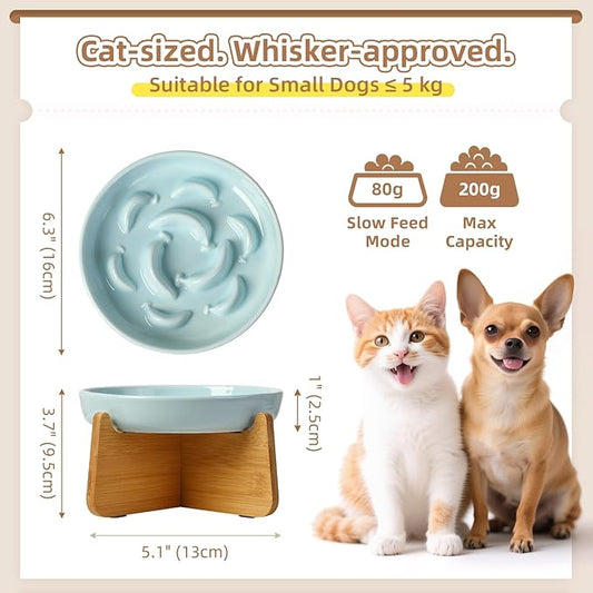 Elevated Slow Feeder Cat Bowl - Ceramic Cat Food Dish with Anti-Slip Bamboo Stand - Whisker Friendly Feeding Bowl - Raised Maze Plate for Slow Down Eating - Pale Blue