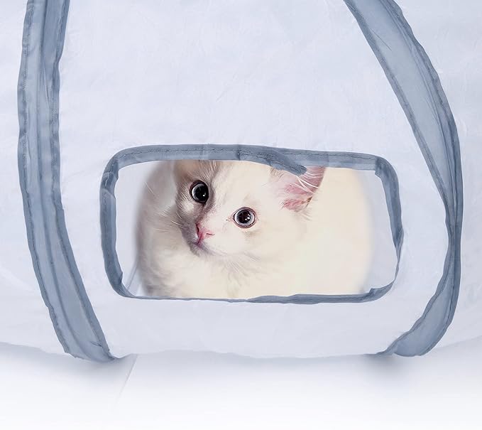 Sheldamy Cat Tunnel, S-2-Way Cat Tunnels for Indoor Cats, Collapsible Cat Play Tunnel, Interactive Toy Maze Cat House with 1 Play Ball for Cats, Puppy, Kitty, Kitten, Rabbit (White & Gray)
