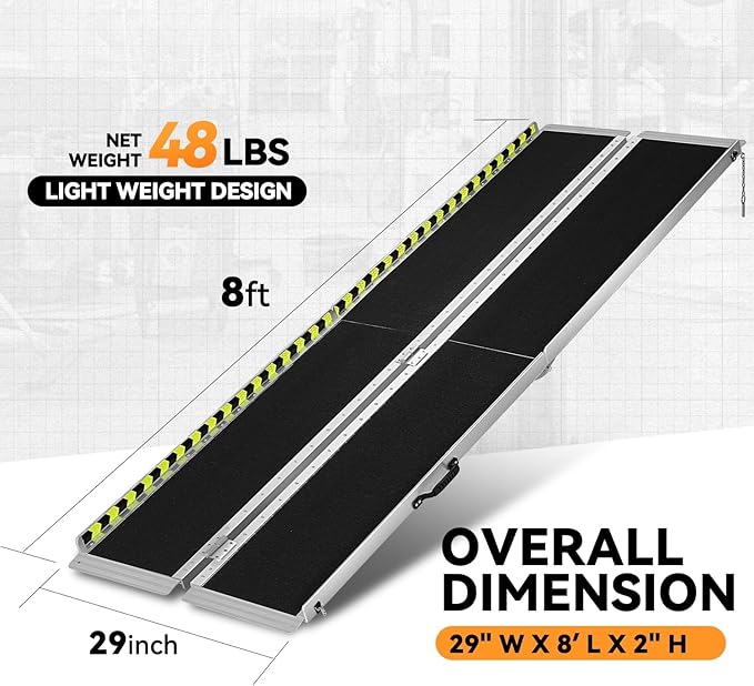 Auto Dynasty Wheelchair Ramp 8FT, Portable Folding Aluminum Wheel Chair Threshold Ramps for Home Steps Doorways, 800Lbs Capacity, 29Inch Width, Metallic/Black