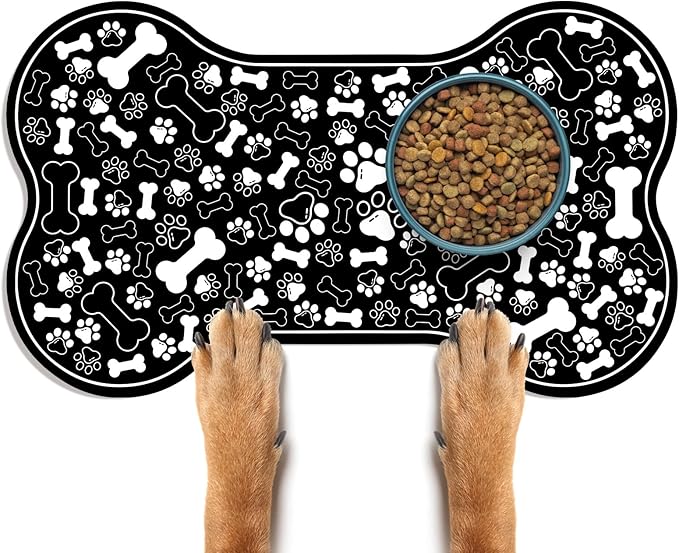 Dog & Cat Food Mat Bone Shaped Pet Feeding Mat Quick Absorb Water Bowl Placemat with Rubber Backing Indoor Floor Stain Resistant Pet Accessory Supplies (Black, 17x29 Inches)