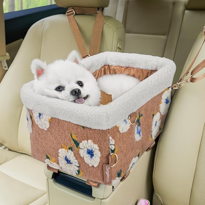 BurgeonNest Dog Carseat for Small Dog, Center Console Pet Booster Seats with Metal Frame, Upgraded Pet Carseat with Double Protection Seat Belts, Washable Cushion, Safety Leash and Storage Pocket