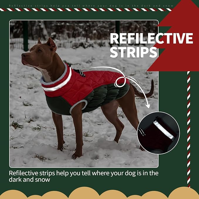 FUAMEY Dog Coat for Large Dogs,Waterproof Dog Winter Jacket with Harness Built in Puppy Cold Weather Coats Reflective Pet Vest with Zipper Warm Fleece Dogs Snowsuit Windproof Christmas XXL