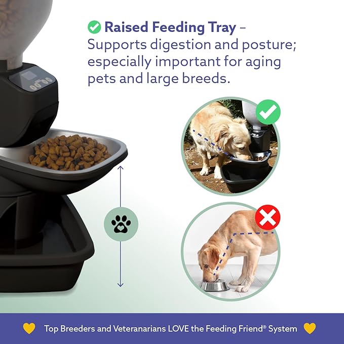 Feeding Friend® Automatic Dog & Cat Food Feeder with Water Dispenser – Smart Pet Feeder with Portion Control, OLED Display, Anti Jam Design, Battery Operated Dispenser for Medium Pets - Black