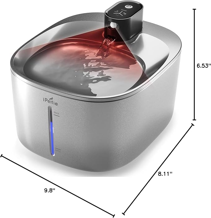 iPettie Runway Battery Cordless Cat Water Fountain Stainless Steel, 1.1Gal/4L Large Capacity, Motion Sensor, 5-Stage Water Filter