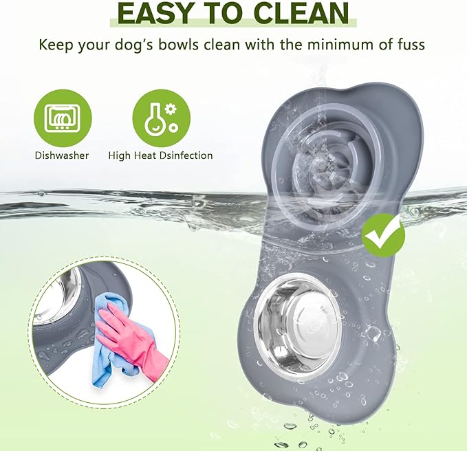 Pecute Slow Feeder Dog Bowls to Slow Down Eating, Dog Bowl Slow Feeder with No-Spill Non-Skid Silicone Mat, Food-Grade Safe Dog Food Bowls Slow Feeder, Stainless Steel Dog Water Bowl for Dogs Cats