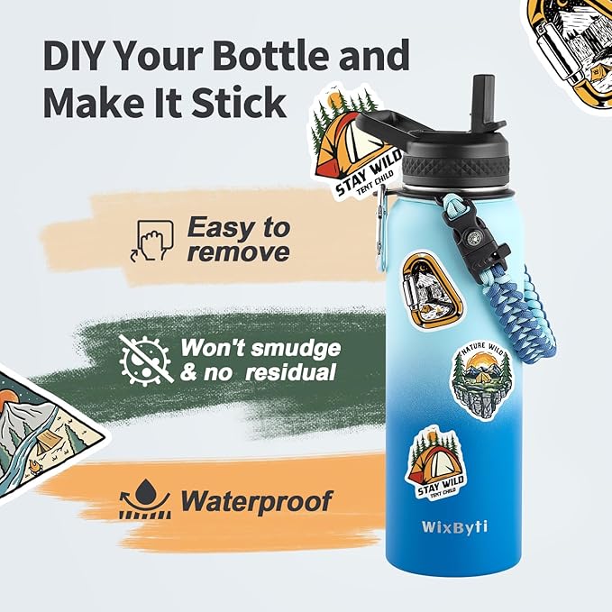 40 oz Insulated Water Bottle with Straw (Cold for 48 Hrs), Stainless Steel Triple Wall Vacuum Sports Water Jug, Leakproof Hydro Cup Flask with Paracord Handle & Straw Spout Lids & DIY Stickers
