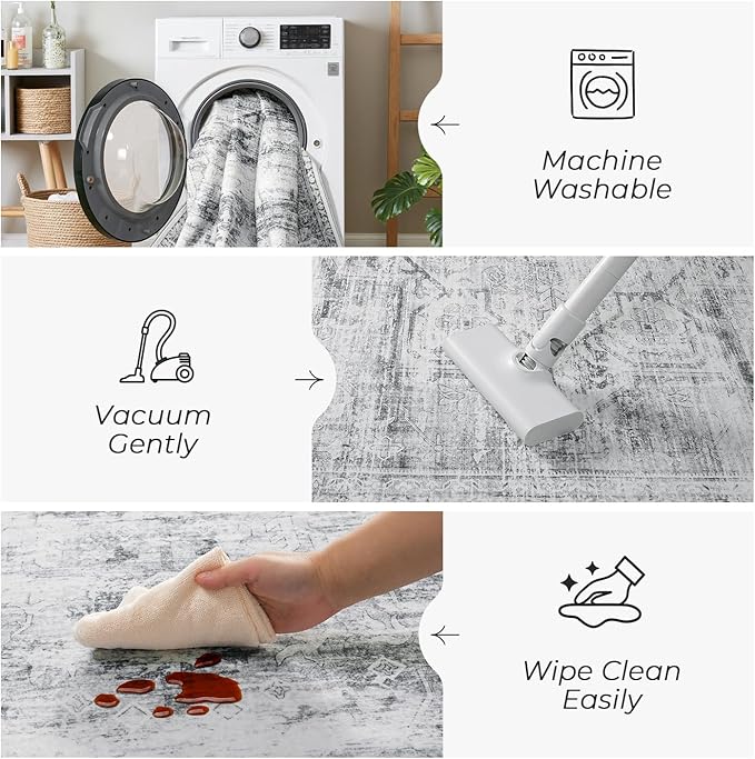 2×6 Washable Kitchen Runner Rug Non Slip, Soft Faux Wool Floor Carpets for Bedroom Hallway Entryway, Neutral Vintage Distressed Aesthetic Stain Resistant Grey White Rugs