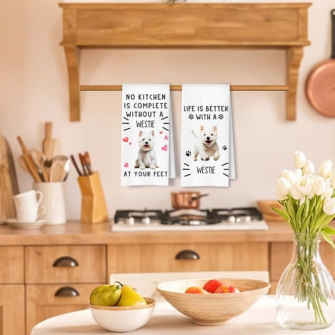 Westie Dog Kitchen Towels, West Highland Terrier Gifts Dish Tea Towels for Kitchen Decor, Dog Lover Mom Dad Gifts Decorative Hand Towel, 16x24 Inches Set of 2
